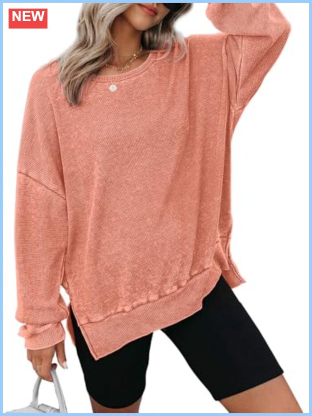Waffle Knit Oversized Crewneck Sweatshirt Side Slits Long Sleeve Women